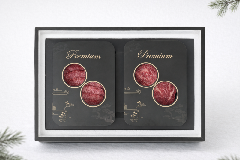 강원더몰,1+등급 횡성한우 명품 선물 세트 2구 등심 구이용 로스 800g